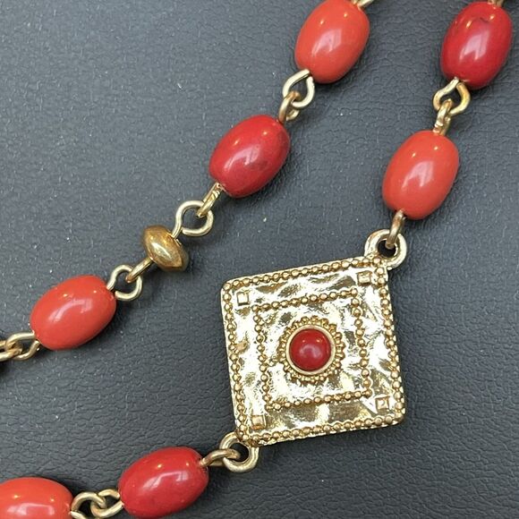 Designer RALPH LAUREN Red/Coral Color Station Bead Medallion Layering Necklace - Picture 3 of 7